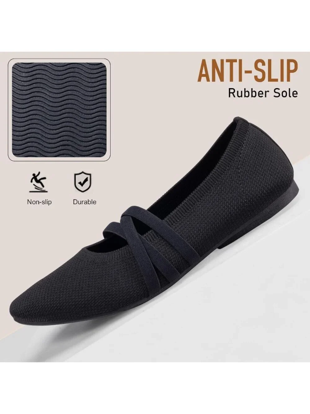 Women's Black Knit Square Toe Ballet Flats Mary Jane Slip On Causal Shoes